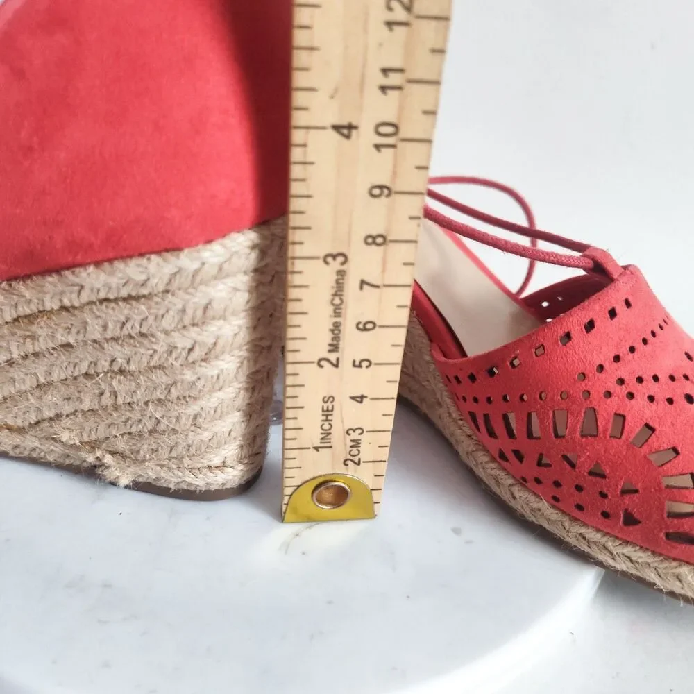 Unisa Red Laser Cut Women's Sandals Size 8 Espadrille‎ Wedge Open Toe Ankle Tie